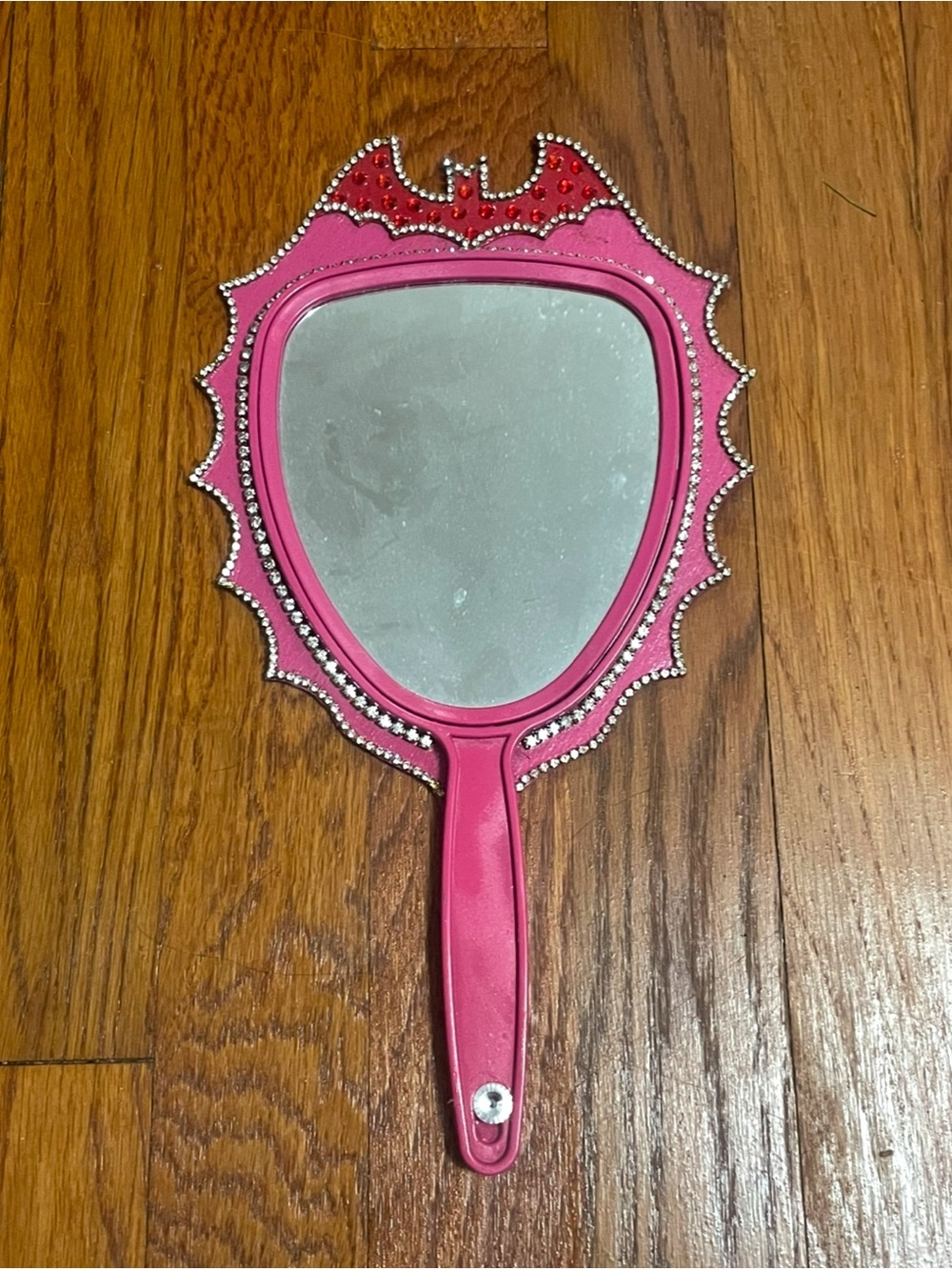 Pink Decorative Bat Hand Mirror with Rhinestone Accents Goth
